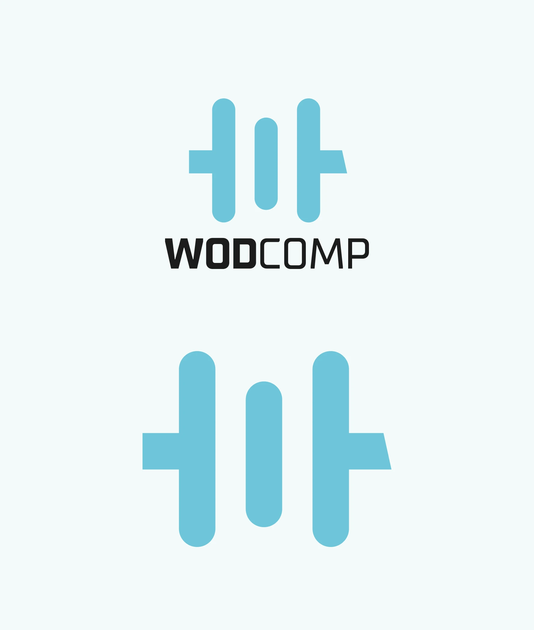 Wodcomp logomark and wordmark stack — Viking-blue dumbbell-grip glyph above and below the WODCOMP wordmark on a soft mint backdrop