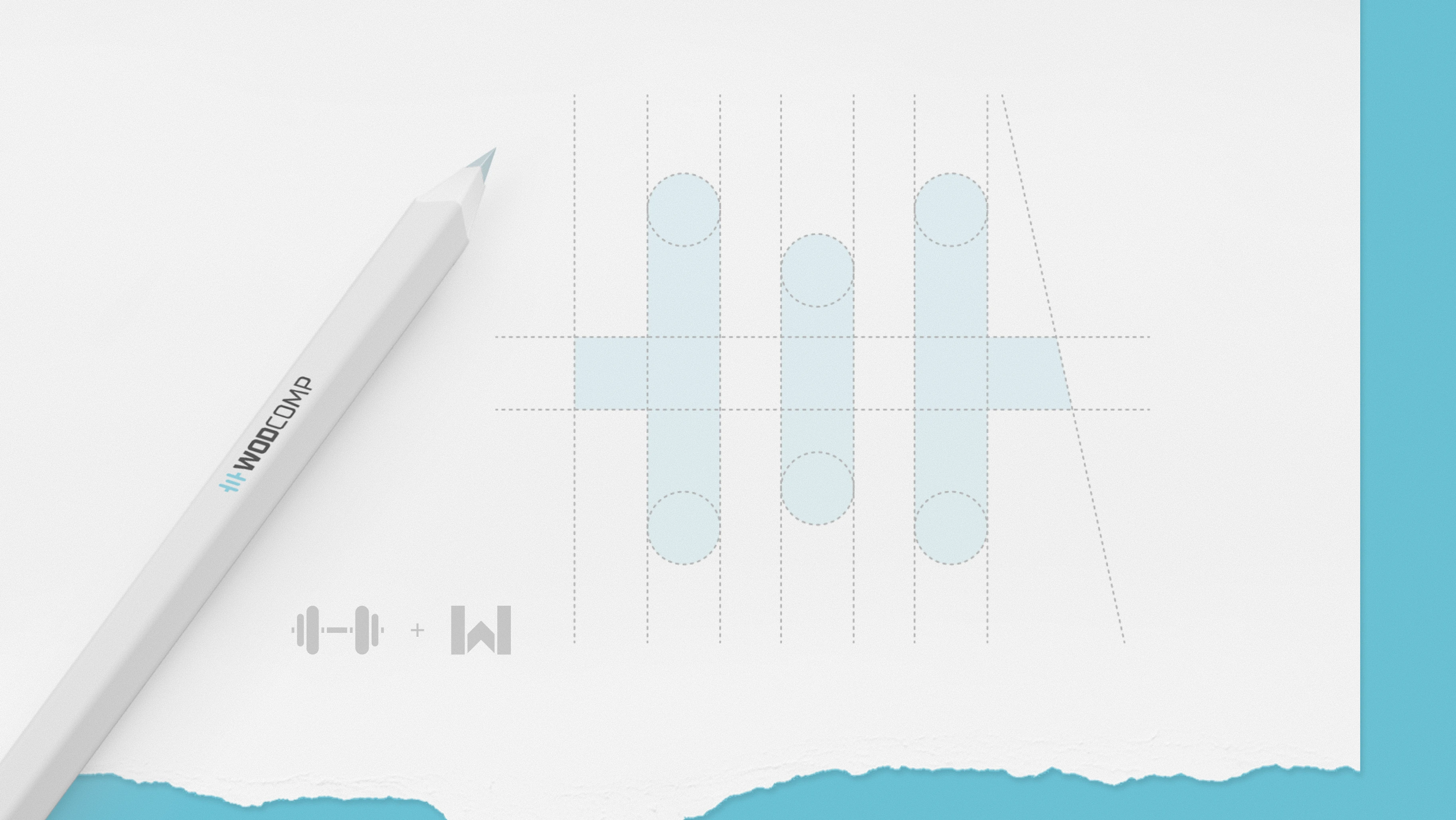 Wodcomp logo construction — Apple Pencil drawing the dumbbell-grip mark with dashed grid guidelines on a torn-edge mint paper background