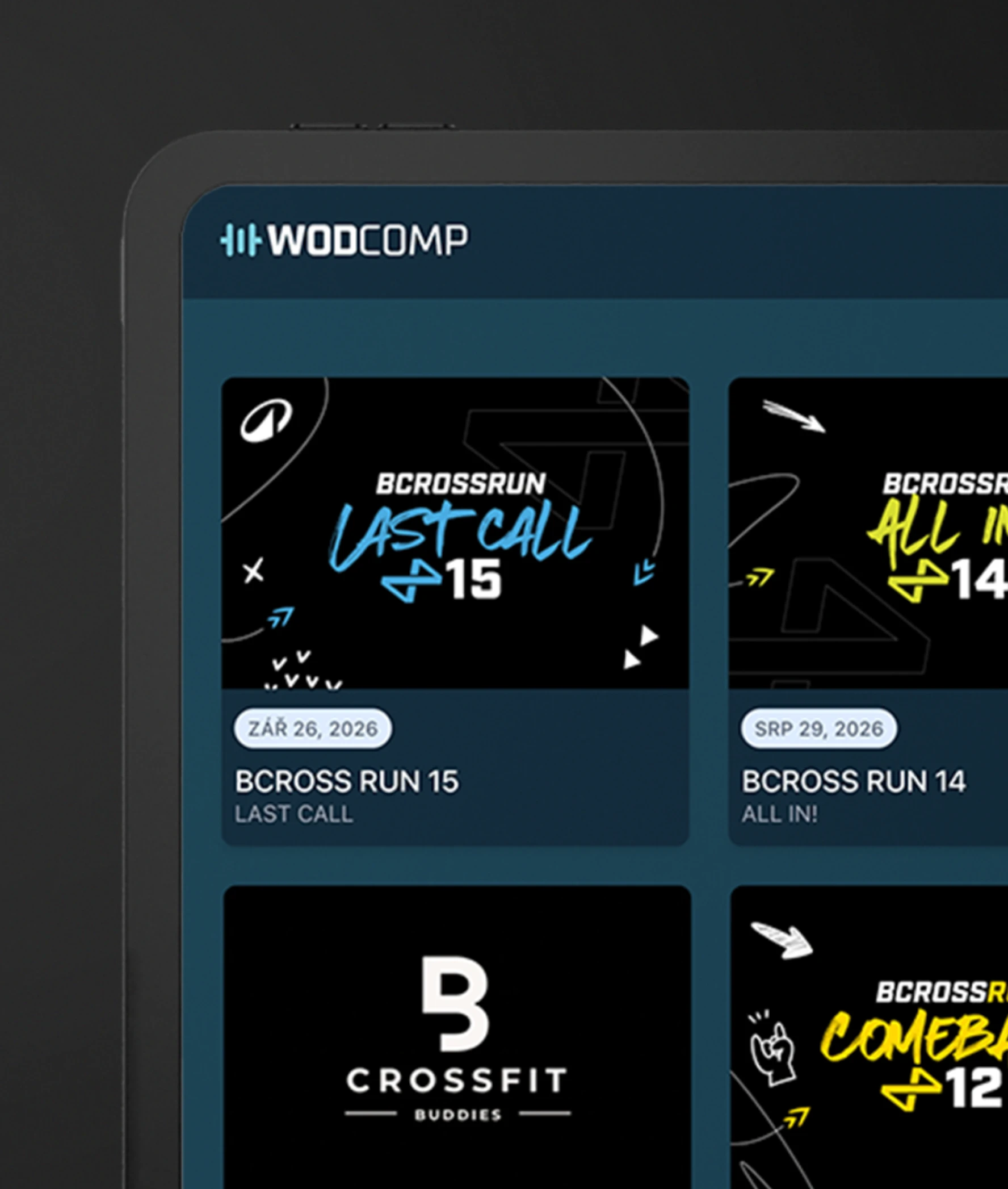 Wodcomp dashboard preview on iPad portrait — Bcrossrun Comeback 12 events list with dark teal panels and rounded thumbnails