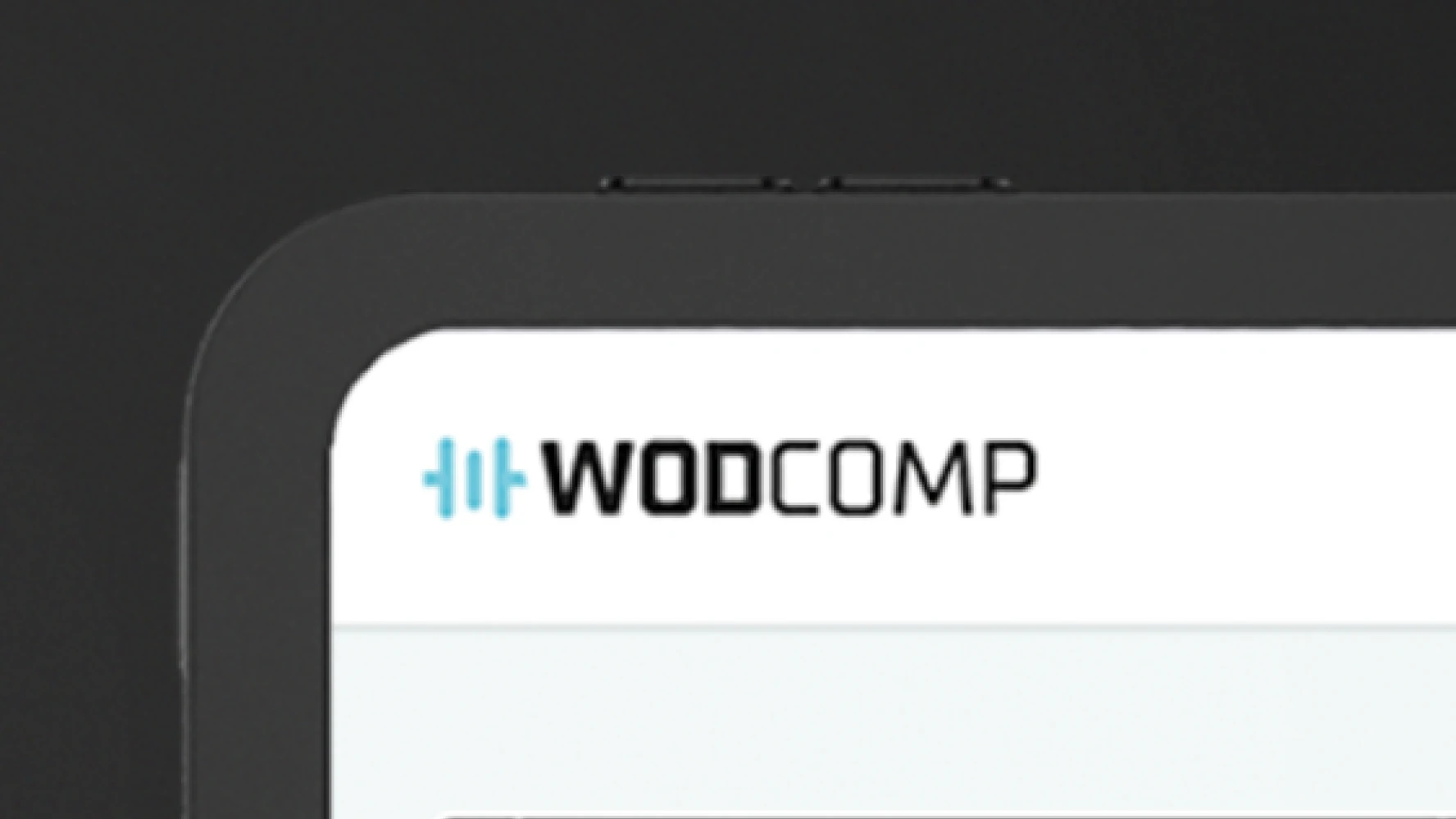 Wodcomp dashboard preview on iPad landscape — wide view of three event cards on dark teal background