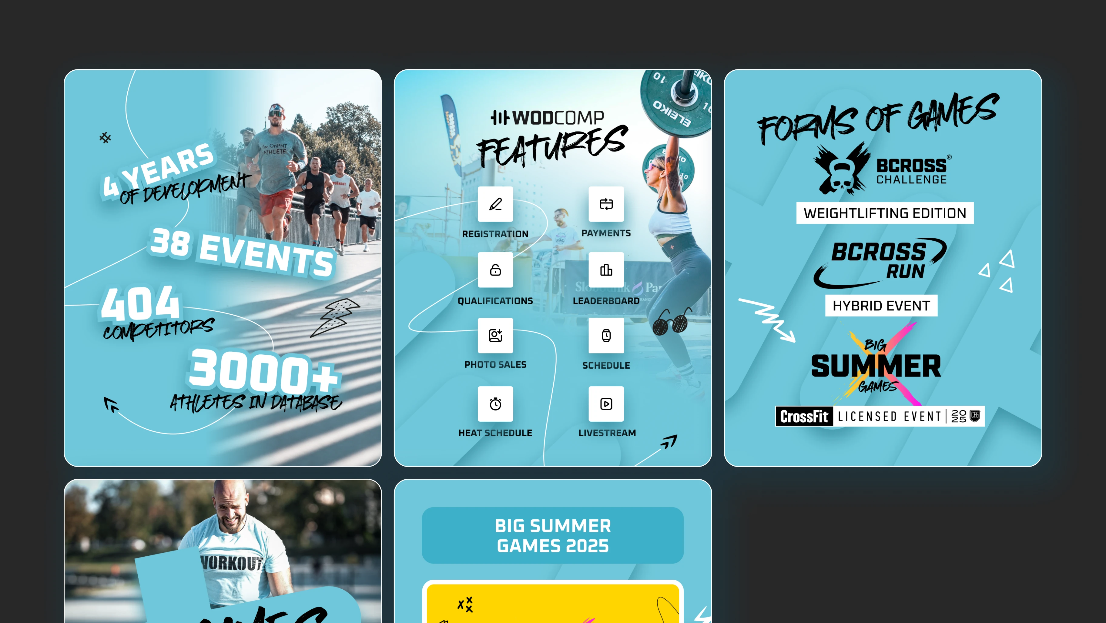 Wodcomp social media campaign — 4 Years Of Development stats, Features icon grid (registration, payments, qualifications, leaderboard, photo sales, schedule, heat schedule, livestream) and Forms Of Games Bcross Challenge, Bcrossrun Hybrid Event, Big Summer Games promo posters