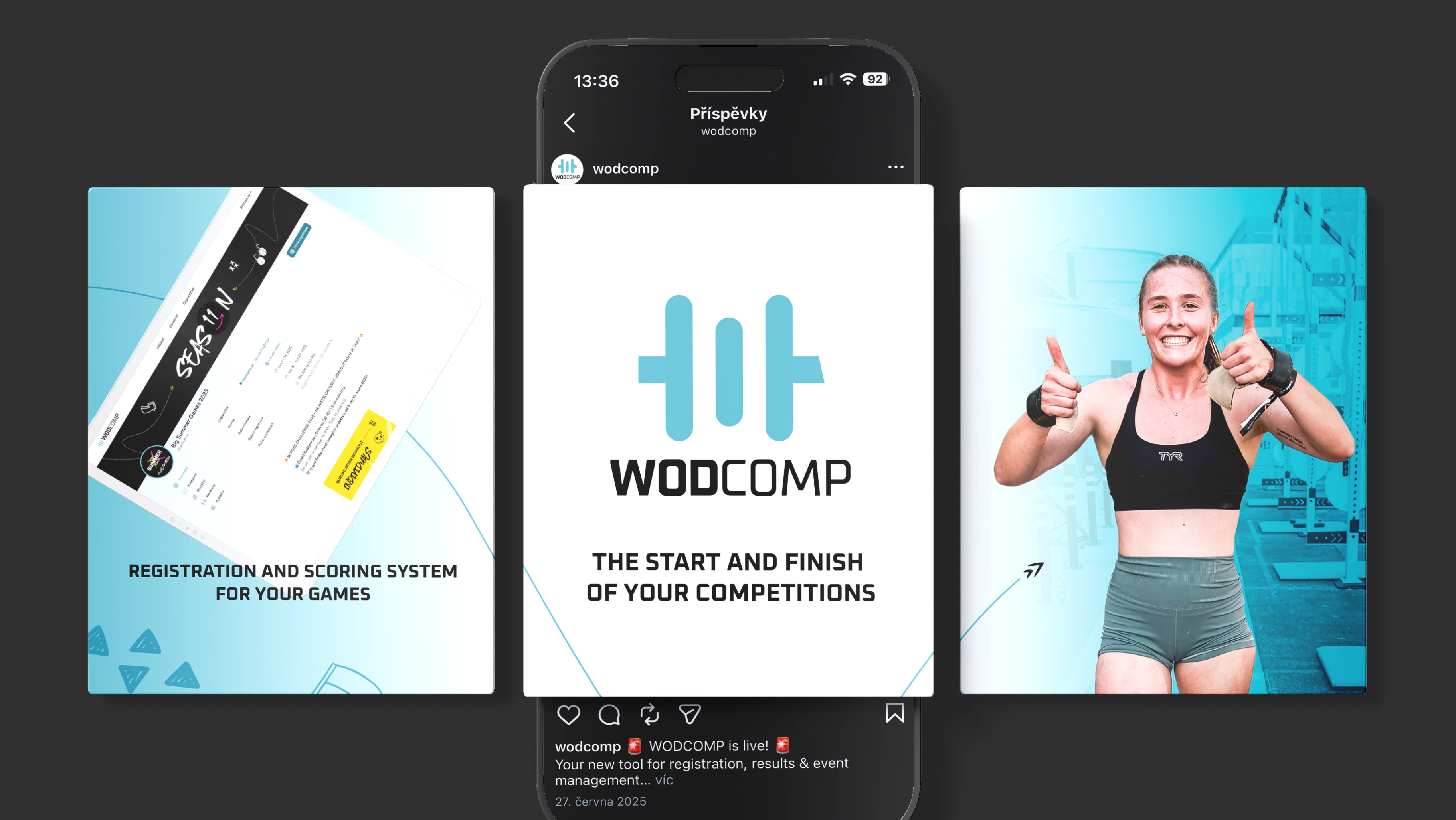 Wodcomp launch announcement — iPhone showing The Start and Finish of Your Competitions hero, flanked by a Registration and Scoring System for Your Games print sheet and a smiling female athlete giving a thumbs-up