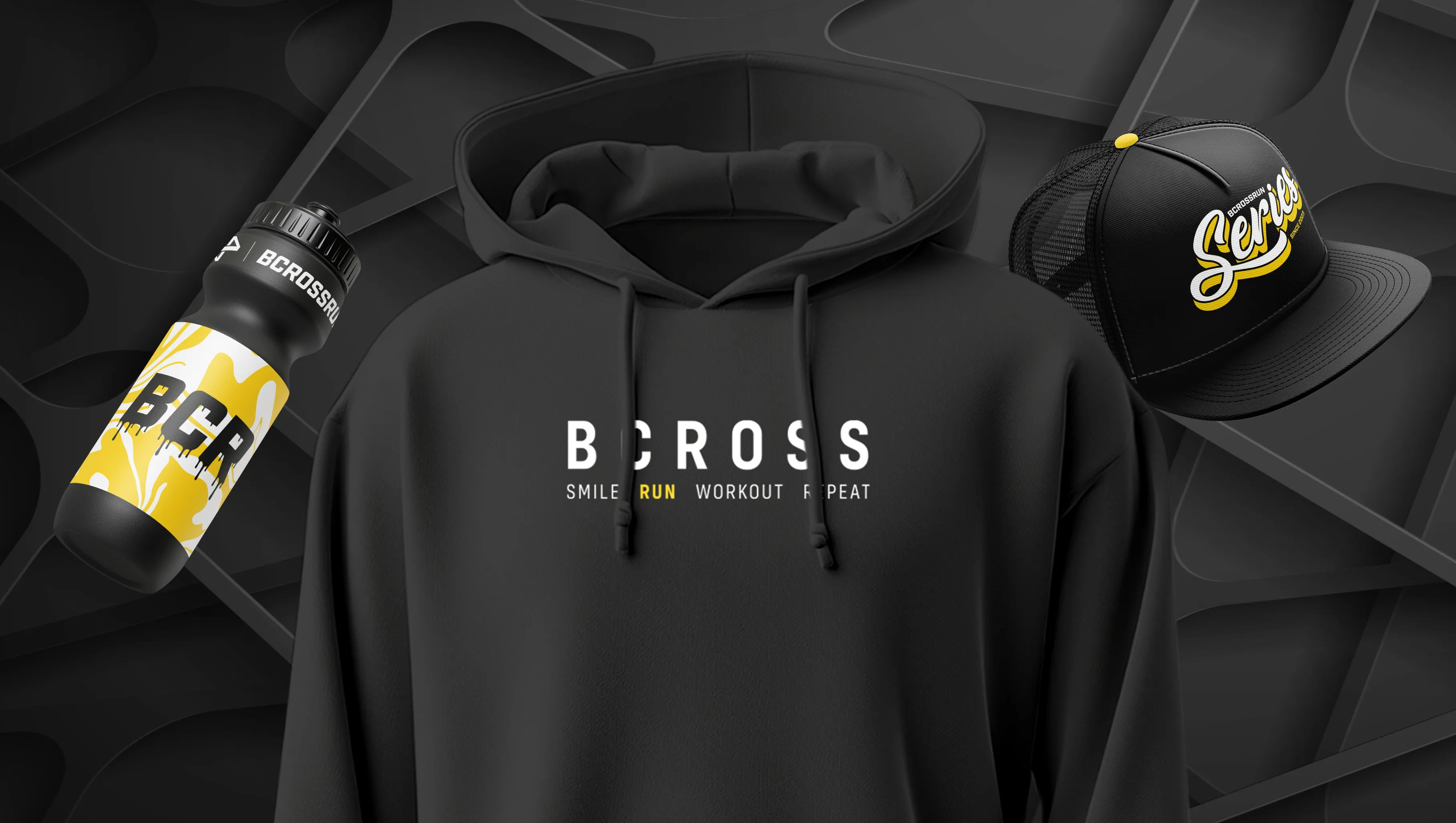 Bcross Run merch — černá mikina BCROSS Smile Run Workout Repeat, BCR lahev a kšiltovka na černém pozadí