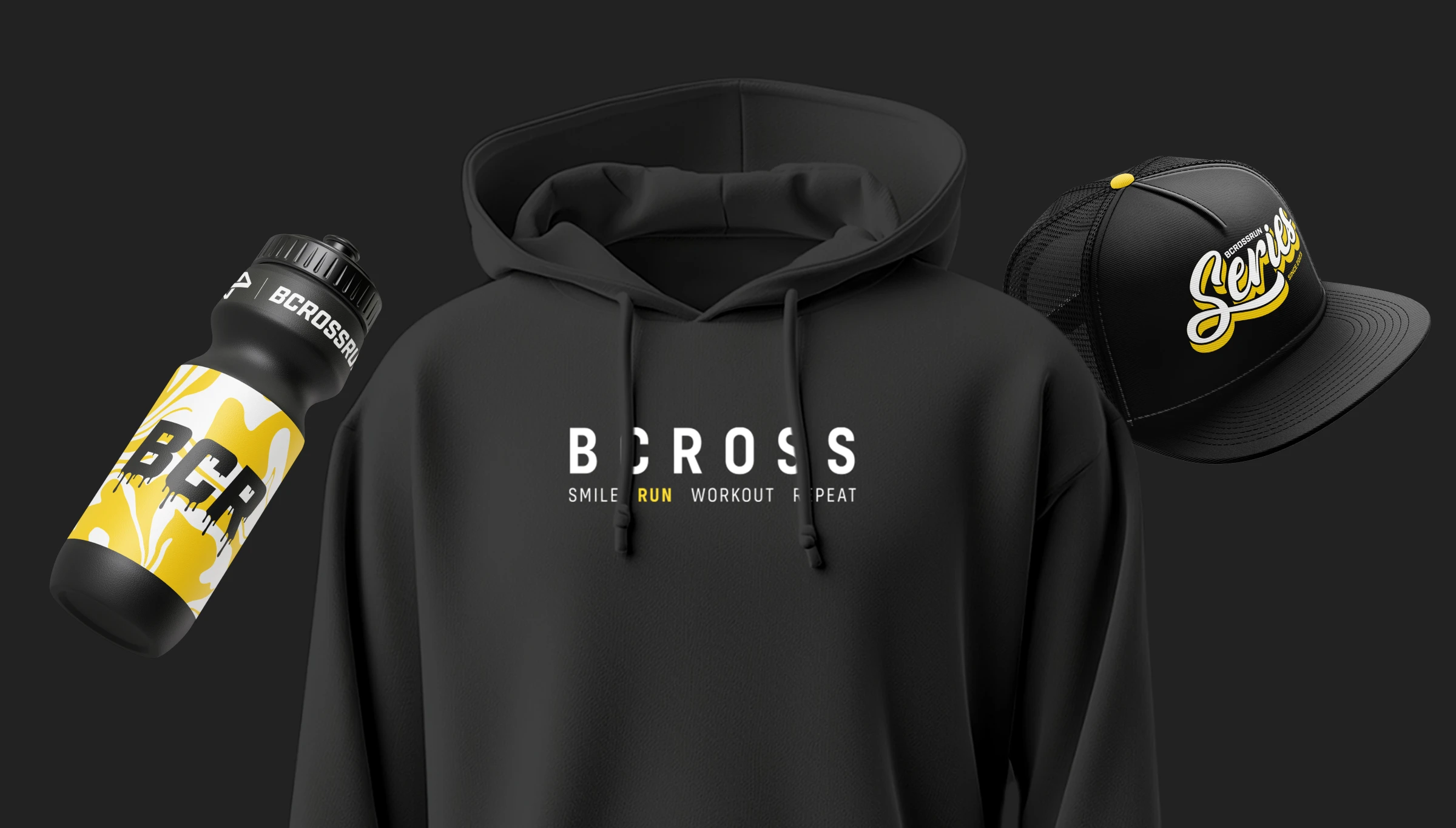 Bcross Run merch lineup — black hoodie with BCROSS Smile Run Workout Repeat print, BCR water bottle and Series trucker cap