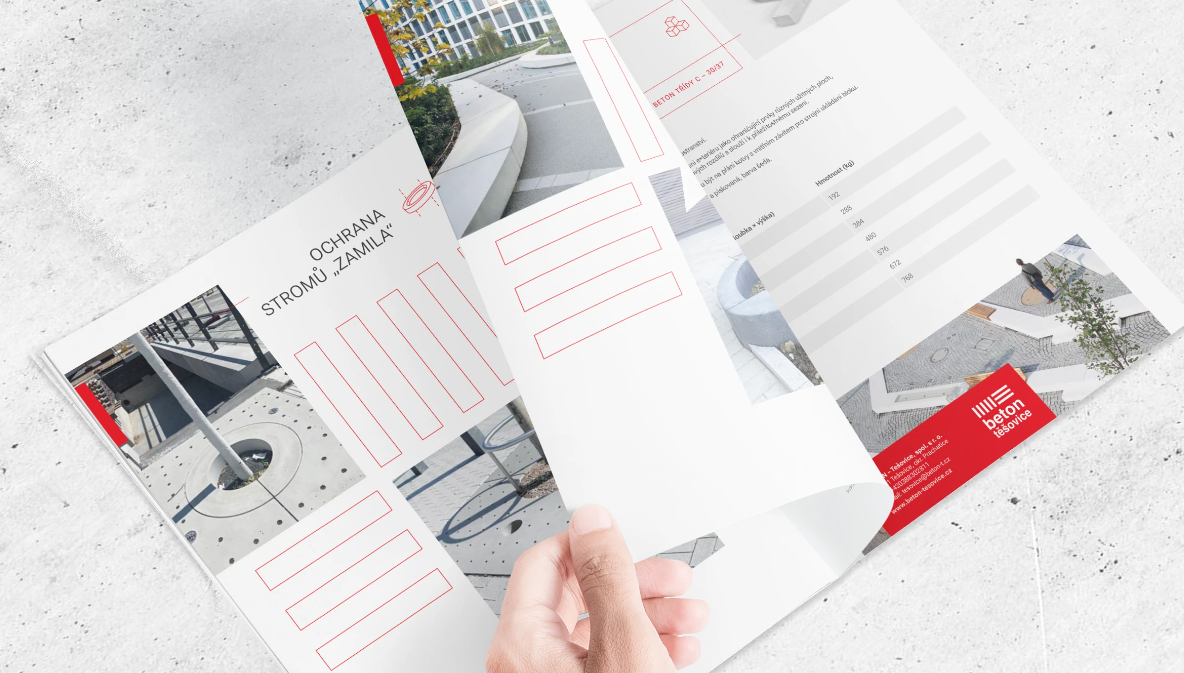 Beton Těšovice product catalog spread — Ochrana stromů Zamila brochure with red accents on a concrete surface