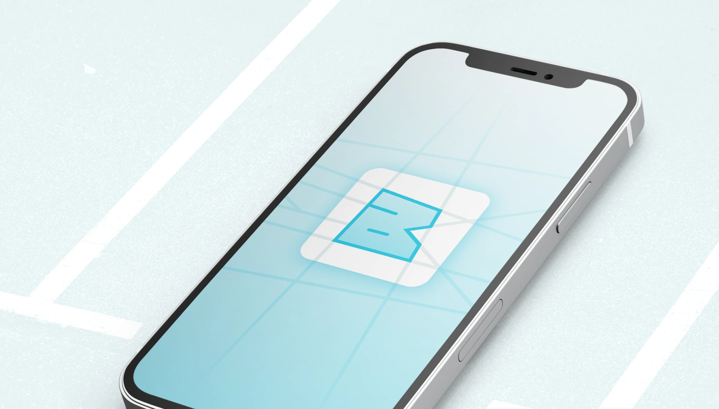 Budpark app icon design — iPhone mockup showing the blue B mark on a pale grid background
