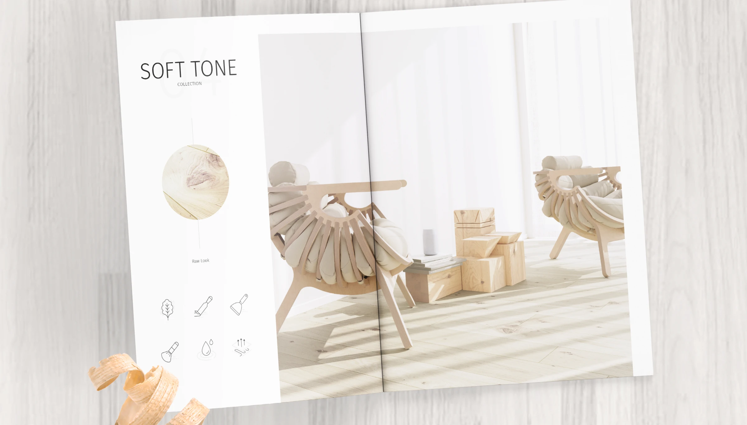 Esco Soft Tone furniture catalog spread on a wooden floor with wood shavings