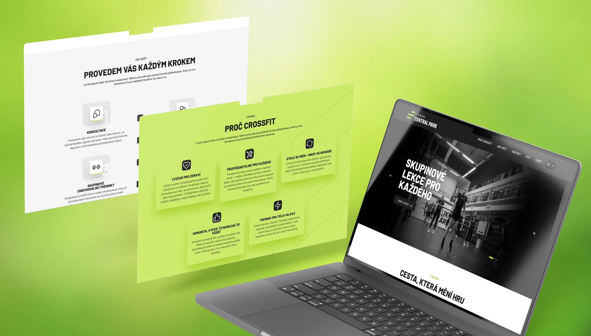 Fitness Central Park website launch — green-tinted laptop and brochure showcasing the homepage hero with stats and Cesta která mění hru tagline