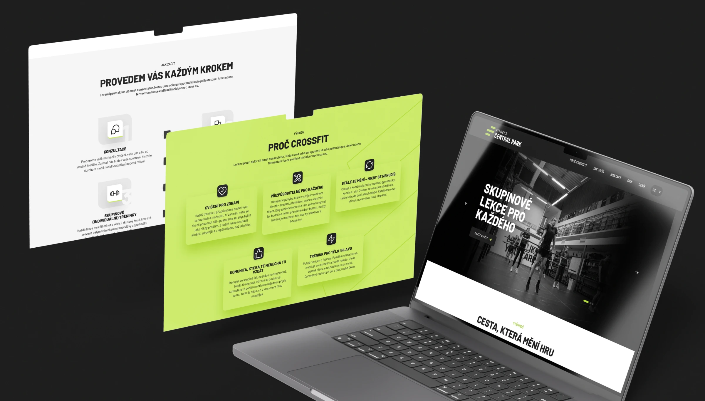 Fitness Central Park web design — desktop layout mockups with Proč CrossFit hero, group lessons section and gym photography