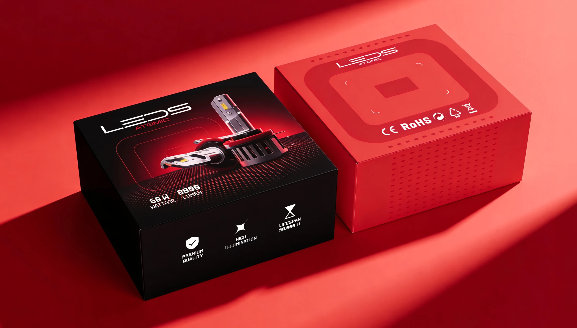 Leds Express Atomic packaging — black and red LED bulb boxes shot on a red backdrop