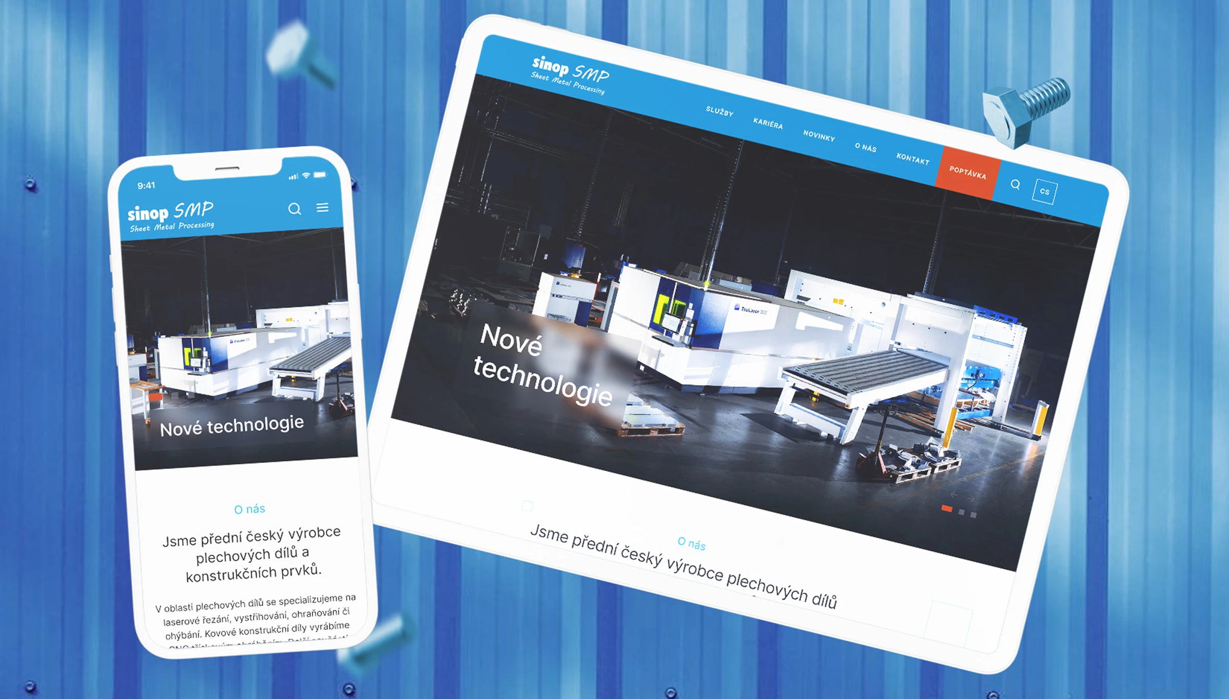 Sinop SMP website mockup — desktop and mobile views of Nové technologie hero on a blue corrugated metal backdrop with floating bolts