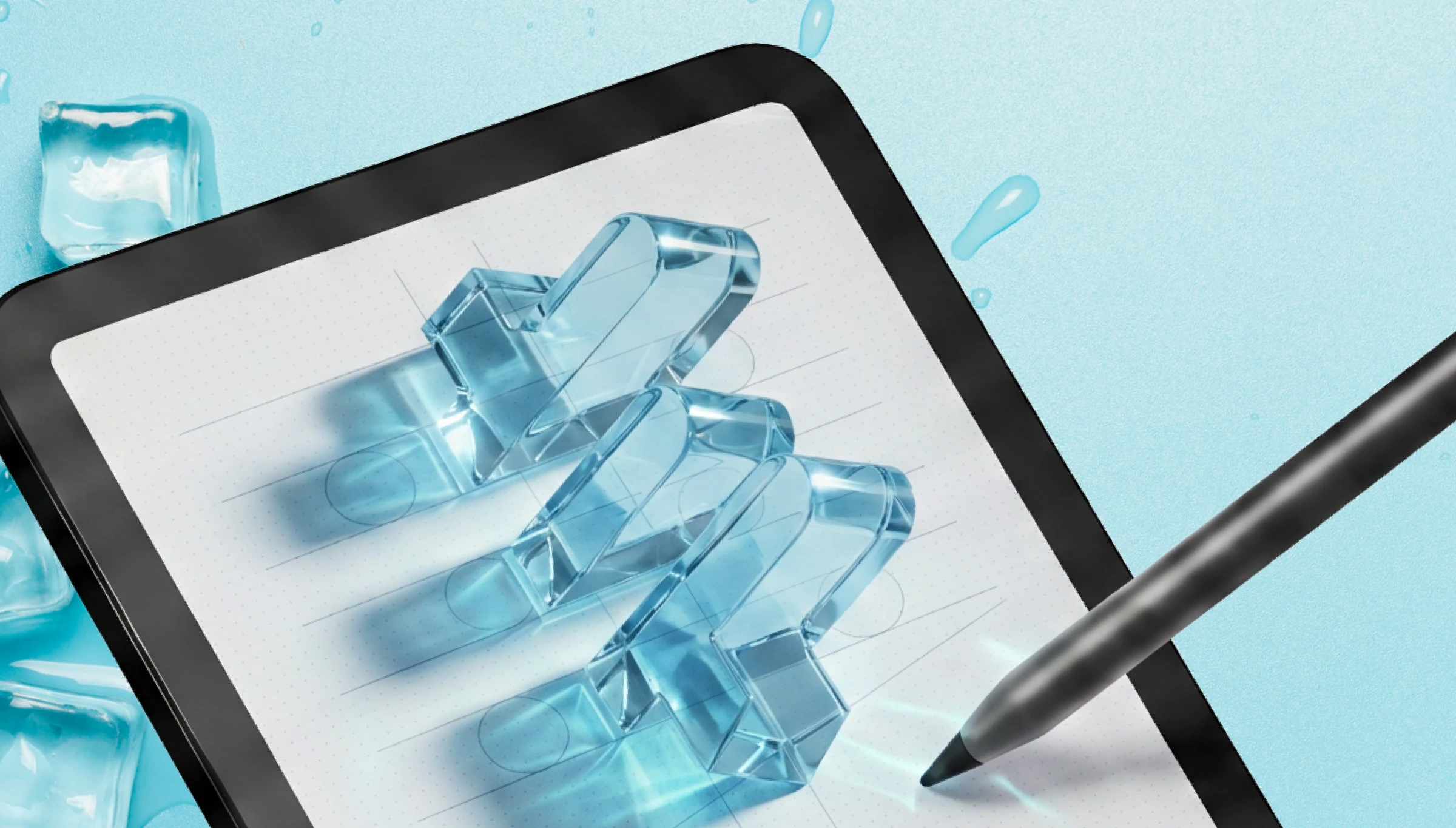 Wodcomp hero — iPad with stylus on a mint backdrop, surrounded by translucent ice cubes that read as 3D dumbbell-grip logomarks