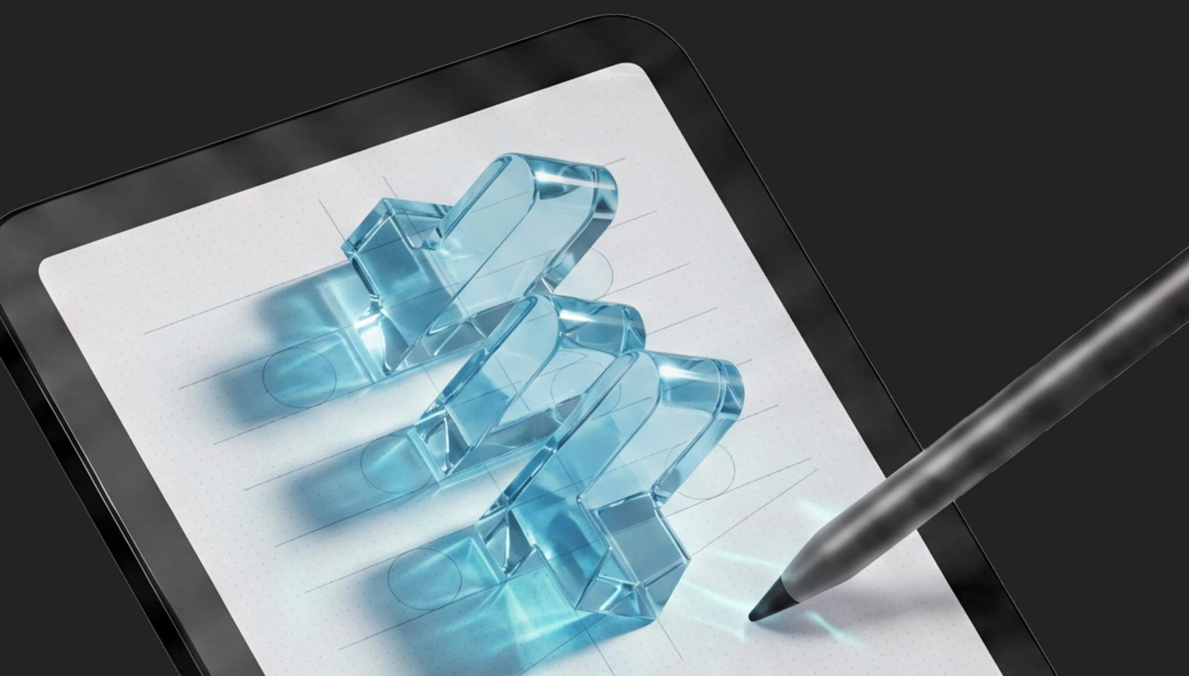 Wodcomp logo construction render — translucent blue 3D logo on a tablet with stylus and grid guidelines